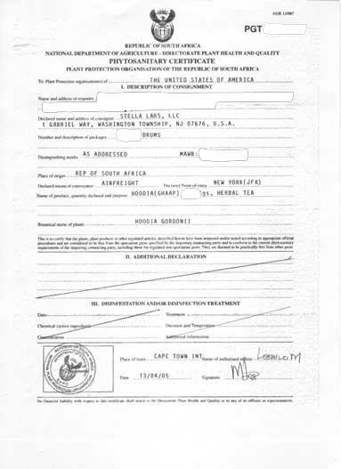 Hoodia Phytosanitary Certificate